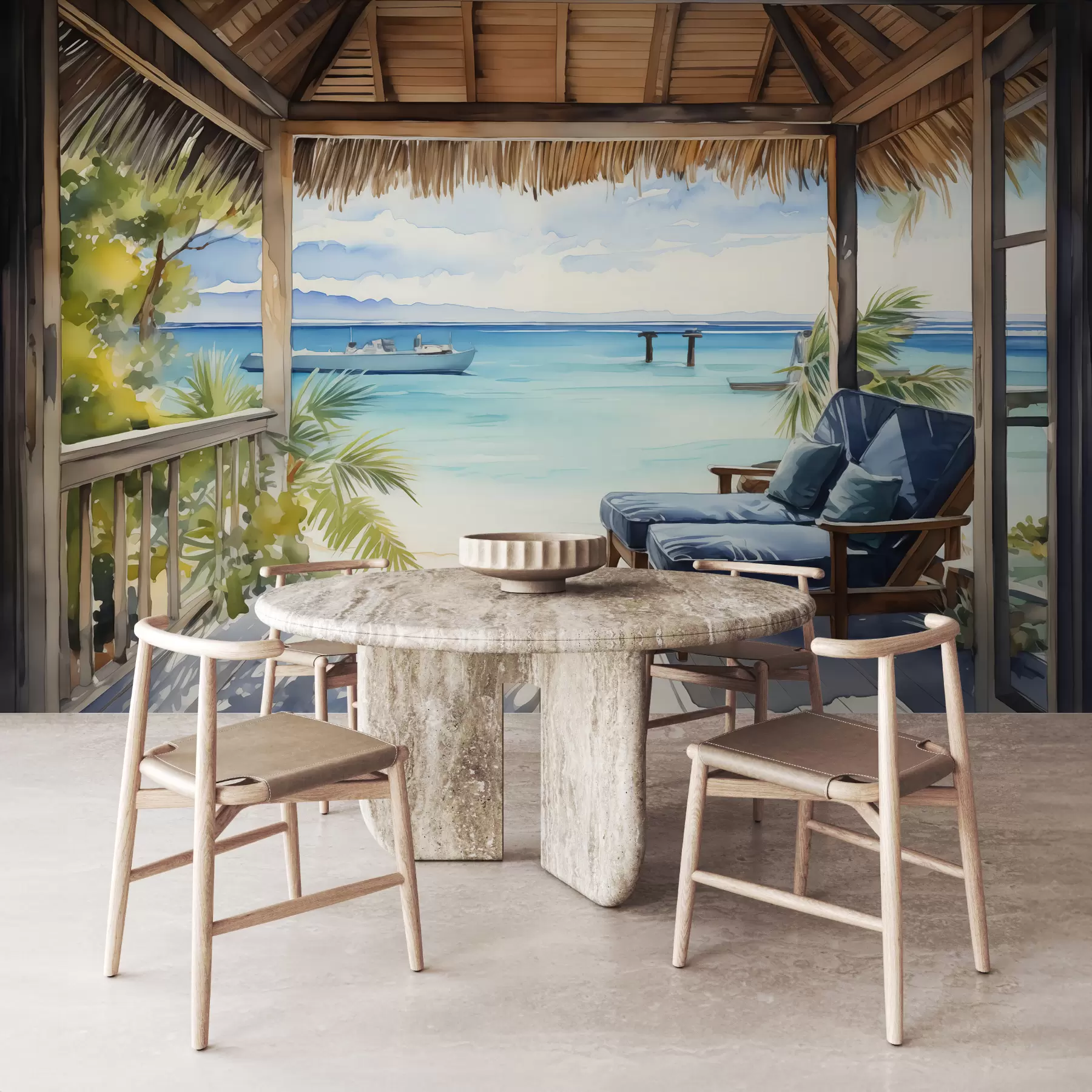 wall murals Blue sun loungers on the terrace for relaxing by the sea watercolor w01056