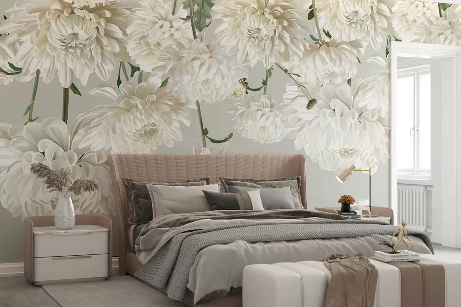 wall murals White chrysanthemum flowers with green leaves on a light gray background w08251