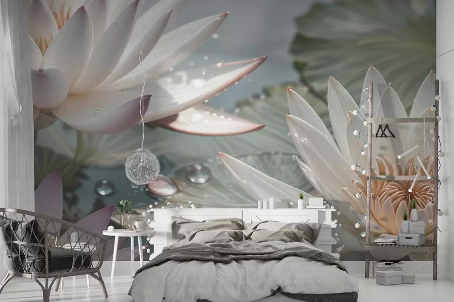 wall murals A close-up of white lotus flowers with water droplets on their petals against a blurred green background w08252