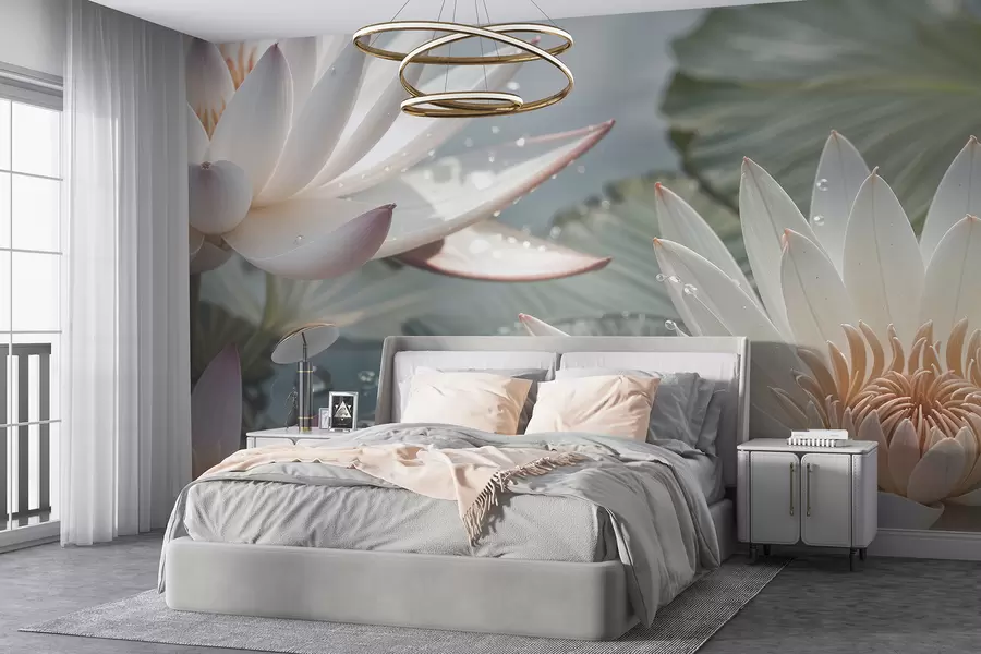 wall murals A close-up of white lotus flowers with water droplets on their petals against a blurred green background w08252