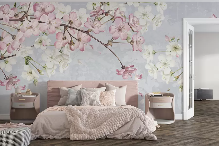 wall murals Pink and white cherry blossom flowers in full bloom, with soft petals falling against a textured blue background w08254