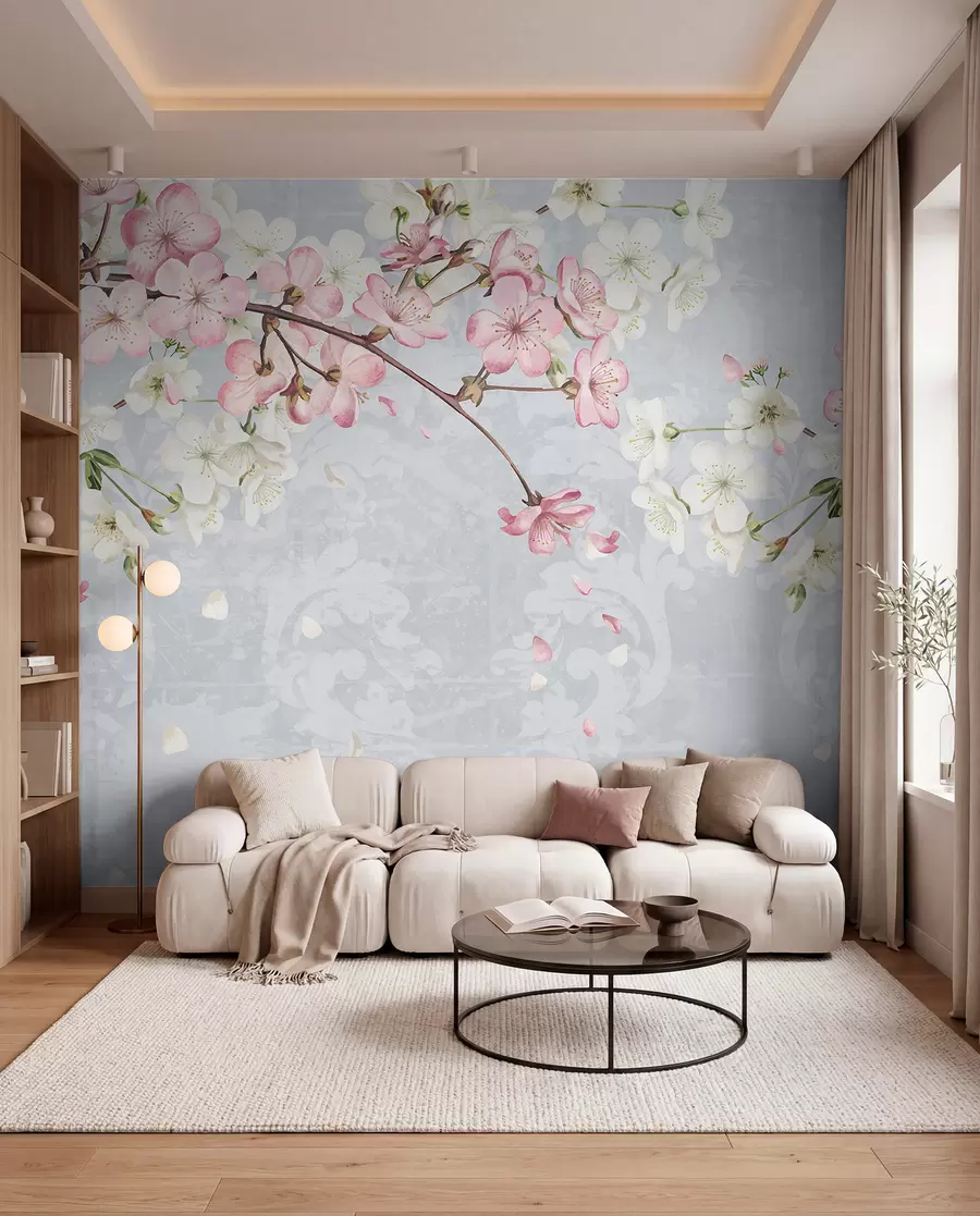 wall murals Pink and white cherry blossom flowers in full bloom, with soft petals falling against a textured blue background w08254