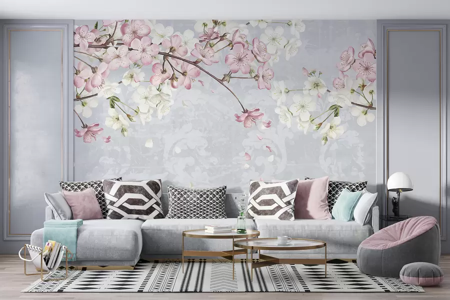 wall murals Pink and white cherry blossom flowers in full bloom, with soft petals falling against a textured blue background w08254
