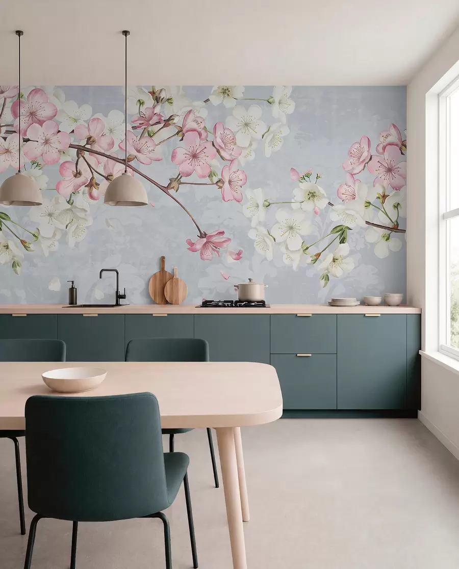 wall murals Pink and white cherry blossom flowers in full bloom, with soft petals falling against a textured blue background w08254