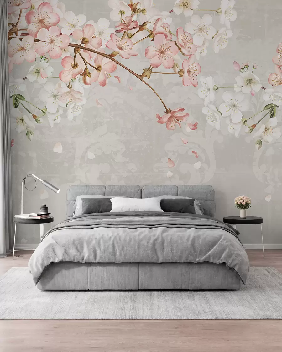 wall murals Pink and white cherry blossom flowers in full bloom, with soft petals falling against a textured beige background w08254v1