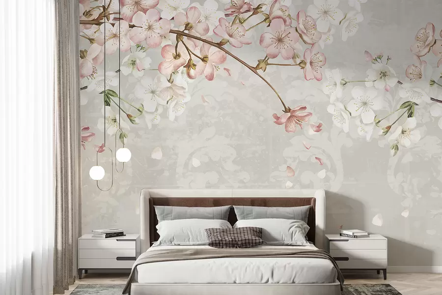 wall murals Pink and white cherry blossom flowers in full bloom, with soft petals falling against a textured beige background w08254v1