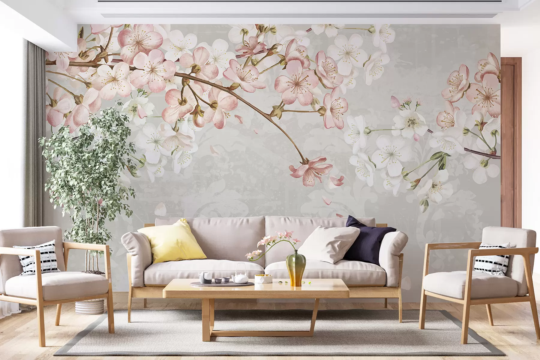 wall murals Pink and white cherry blossom flowers in full bloom, with soft petals falling against a textured beige background w08254v1