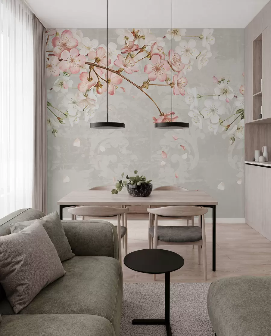 wall murals Pink and white cherry blossom flowers in full bloom, with soft petals falling against a textured beige background w08254v1
