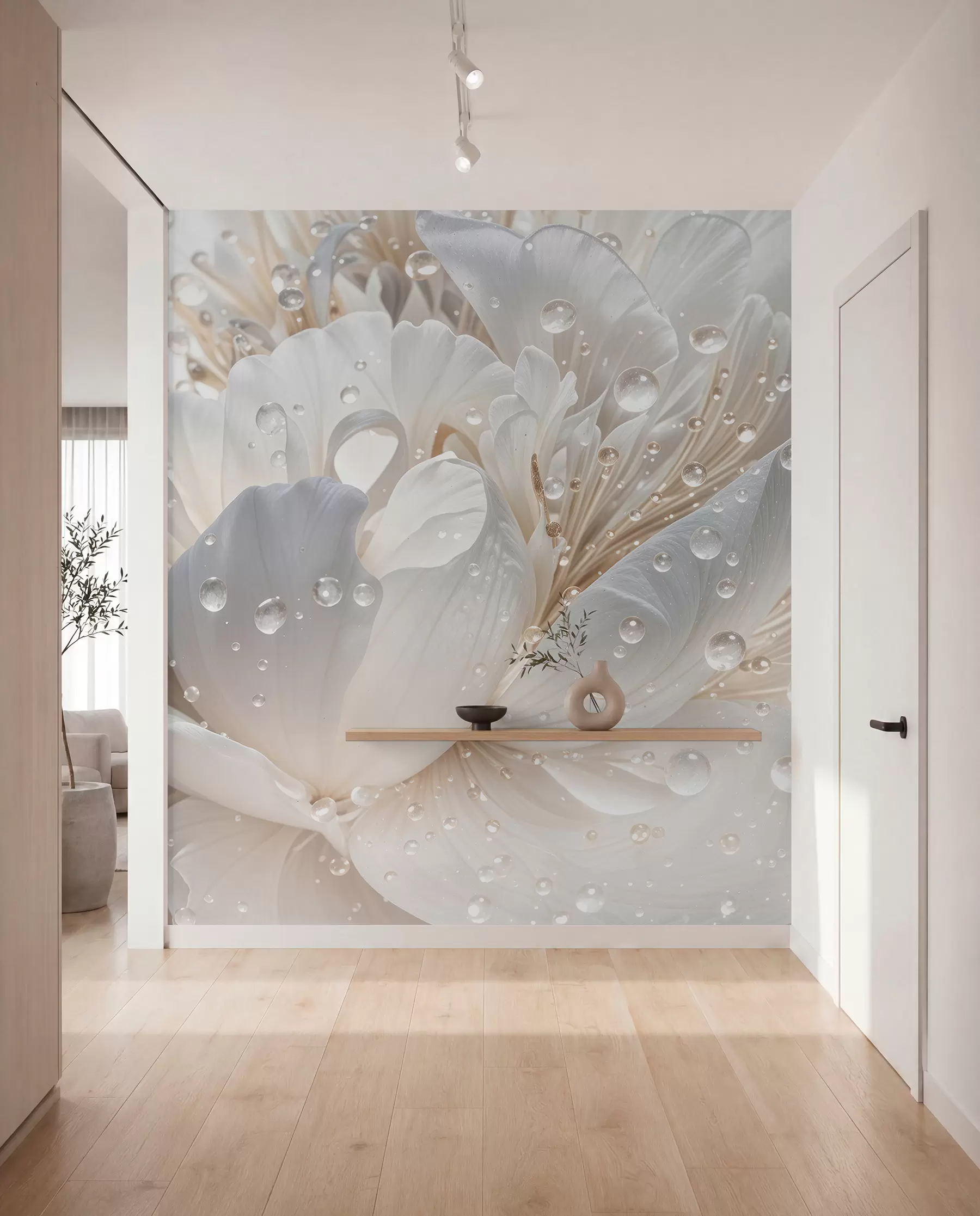 wall murals A close-up of a white peony flower with delicate petals and water droplets w08262