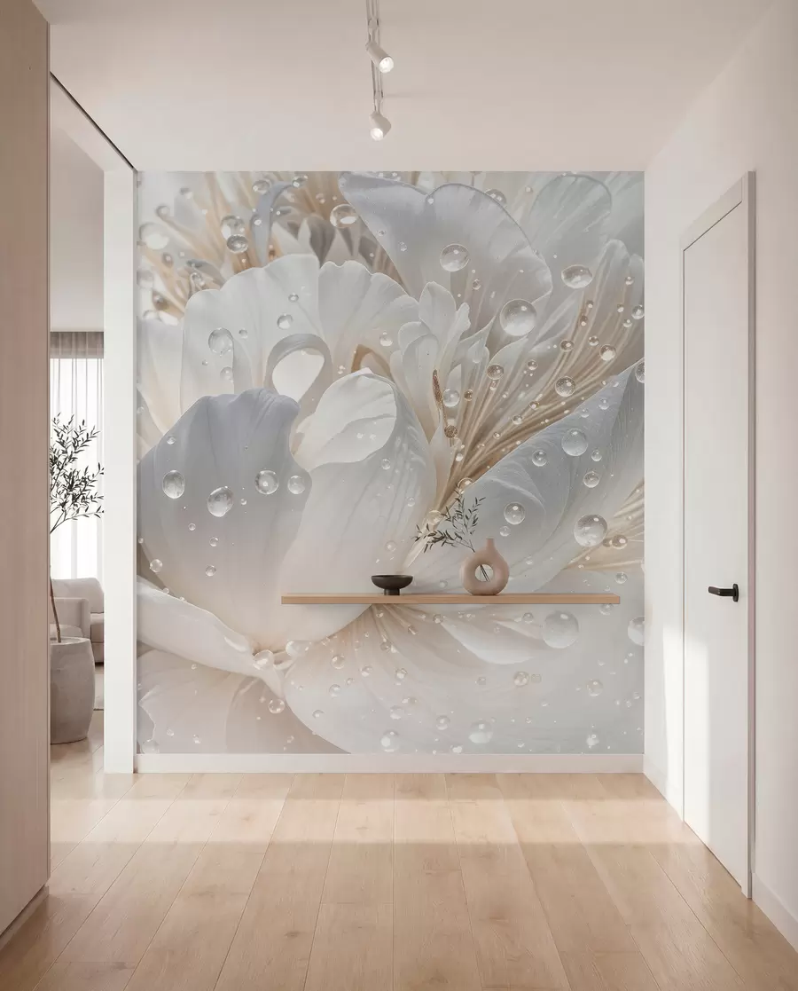 wall murals A close-up of a white peony flower with delicate petals and water droplets w08262