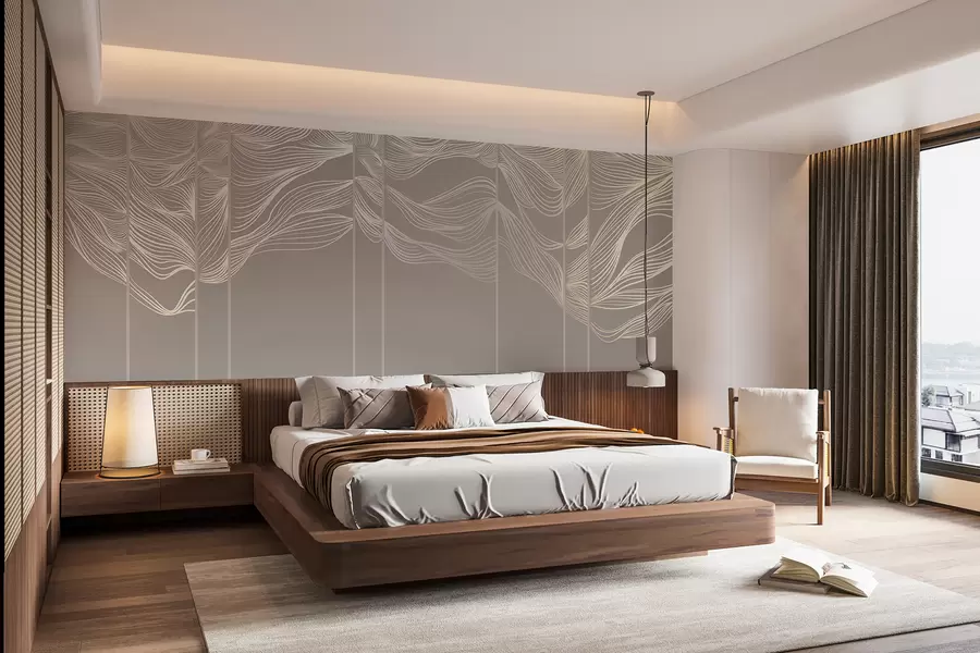 wall murals Flowing white abstract line waves against a light brown background w08263