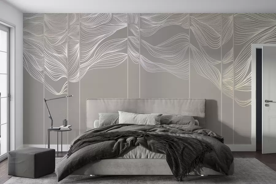 wall murals Flowing white abstract line waves against a light brown background w08263