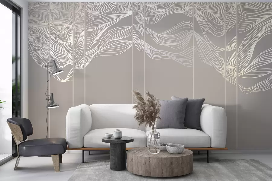 wall murals Flowing white abstract line waves against a light brown background w08263