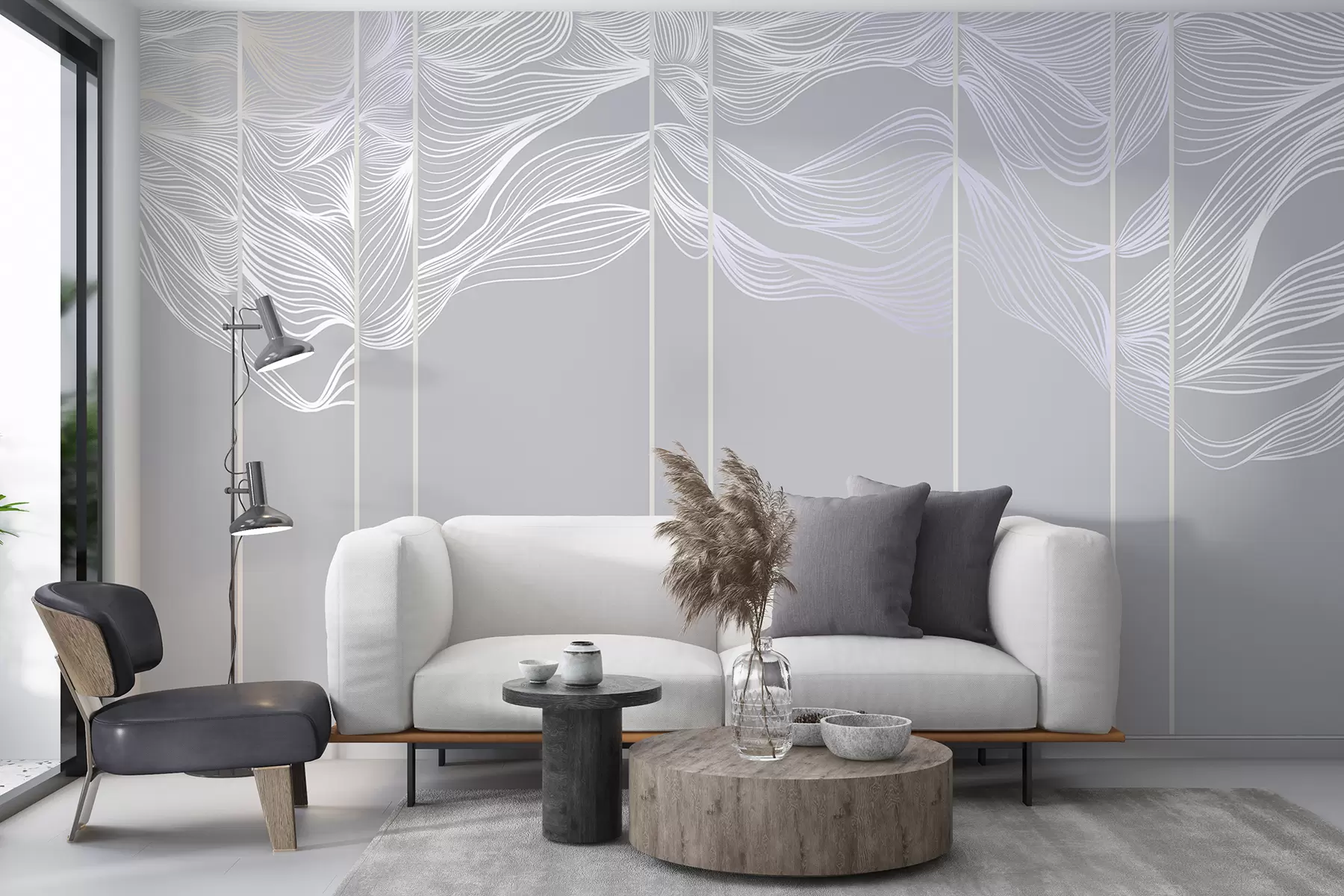 wall murals Flowing white abstract line waves against a light gray background w08263v1