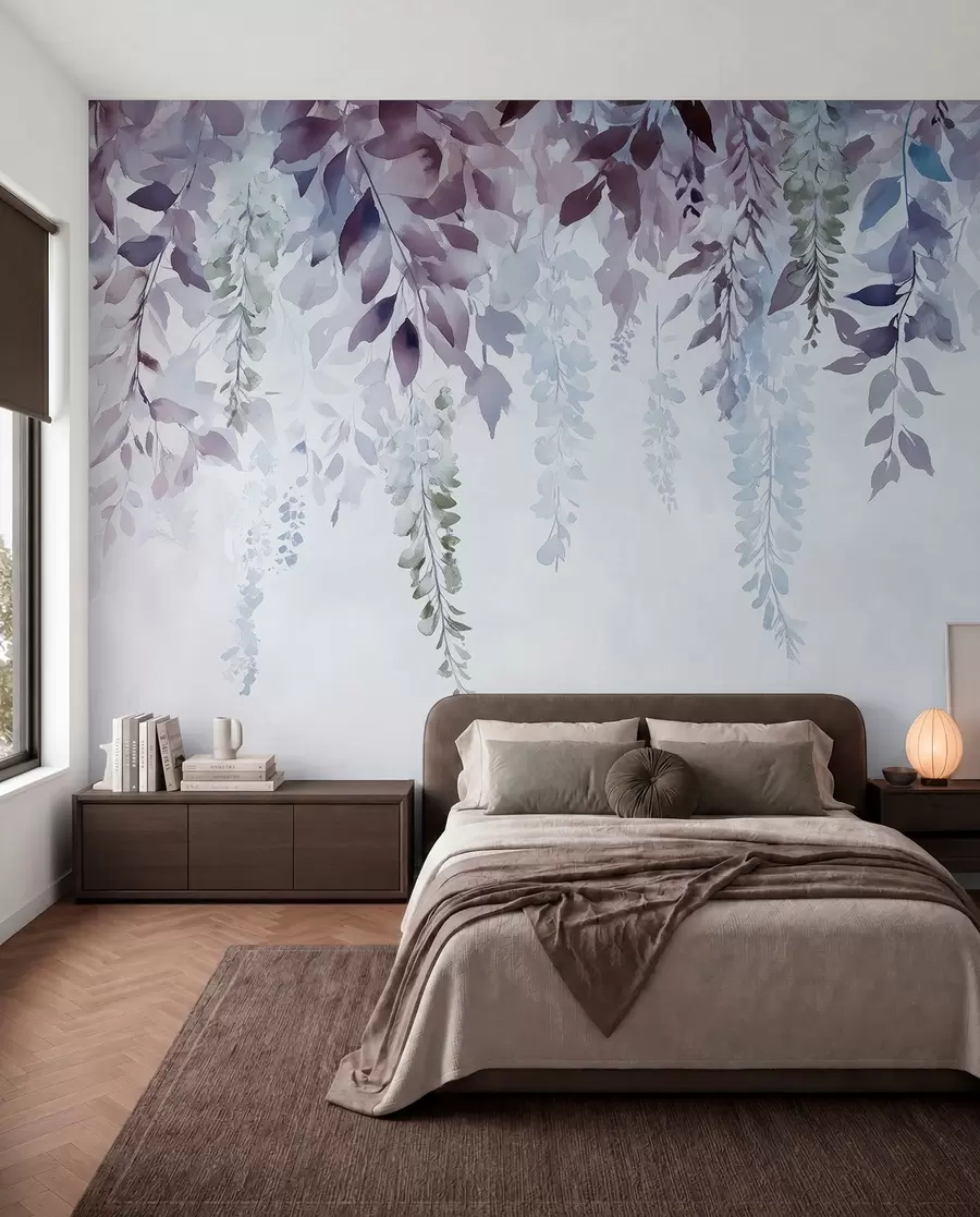 wall murals Wisteria flower ornament, floral, watercolor, blue and purple colors w01545v1