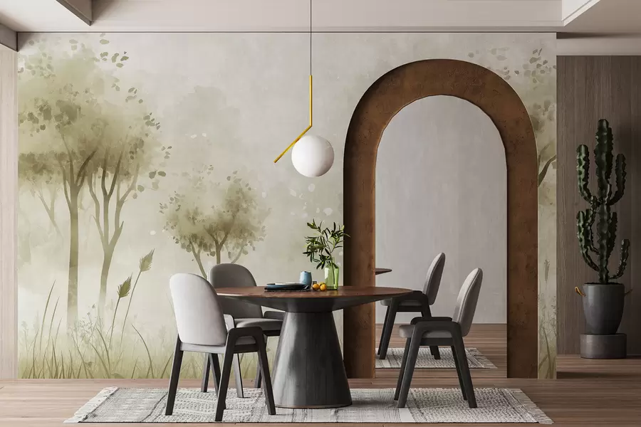 wall murals Watercolor forest with grass and trees, green color w01546v1