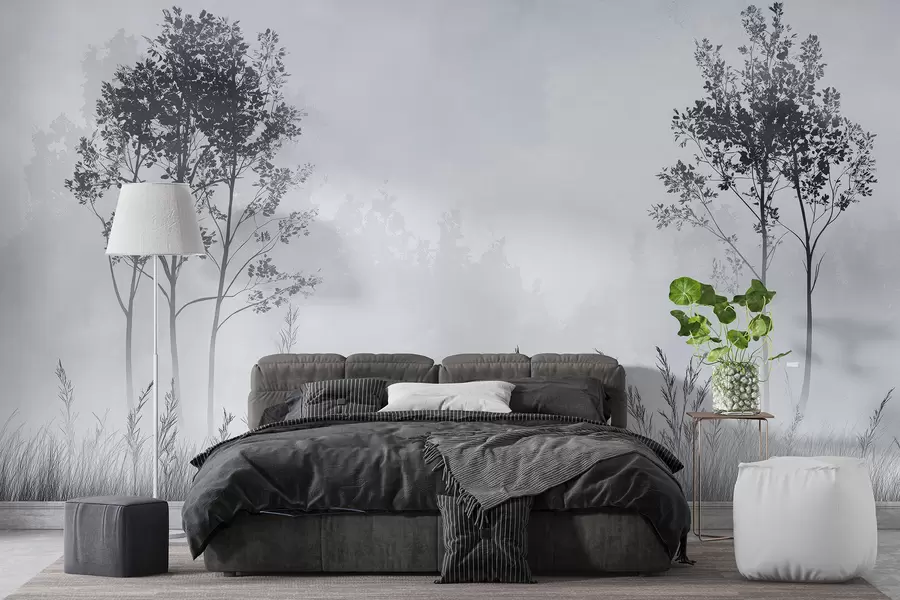 wall murals Foggy forest, natural landscapes, meadow, trees, grey color w01547v1