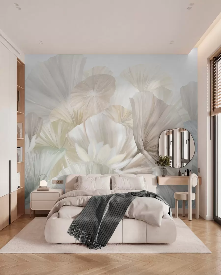 wall murals Delicate green lotus leaves with white flowers with soft, feathery petals arranged in a natural art composition w08265