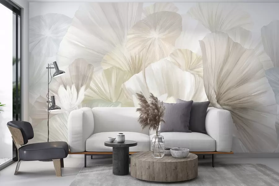 wall murals Delicate green lotus leaves with white flowers with soft, feathery petals arranged in a natural art composition w08265