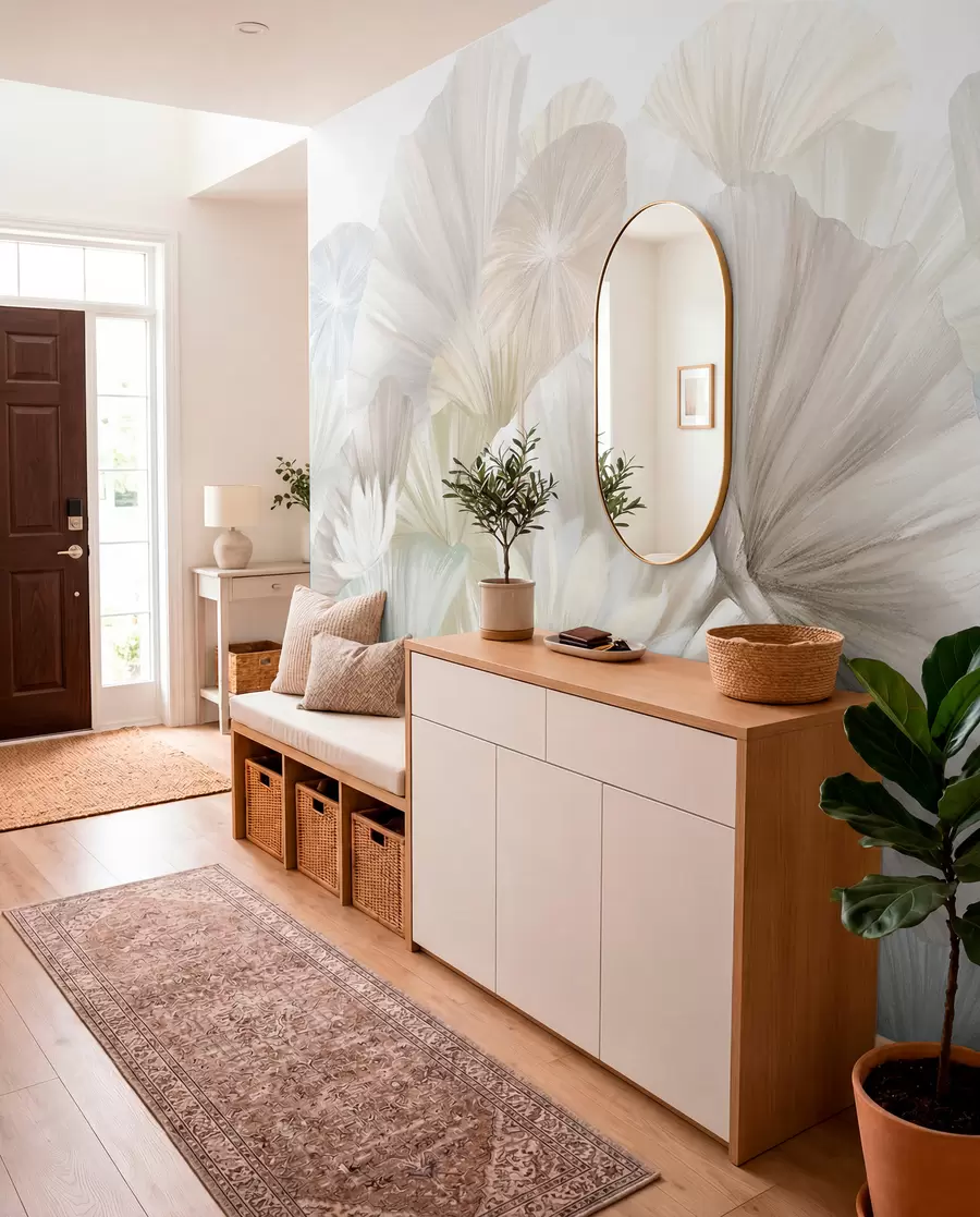 wall murals Delicate green lotus leaves with white flowers with soft, feathery petals arranged in a natural art composition w08265