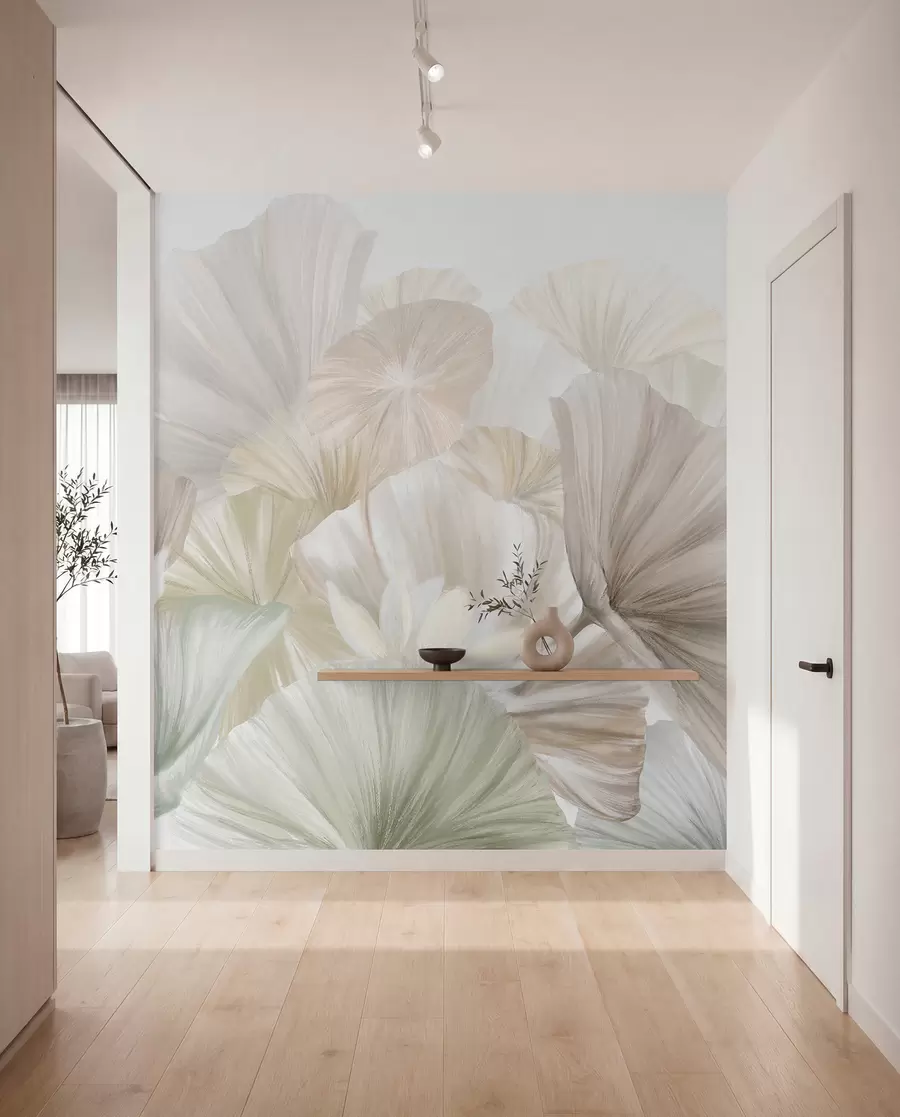 wall murals Delicate green lotus leaves with white flowers with soft, feathery petals arranged in a natural art composition w08265