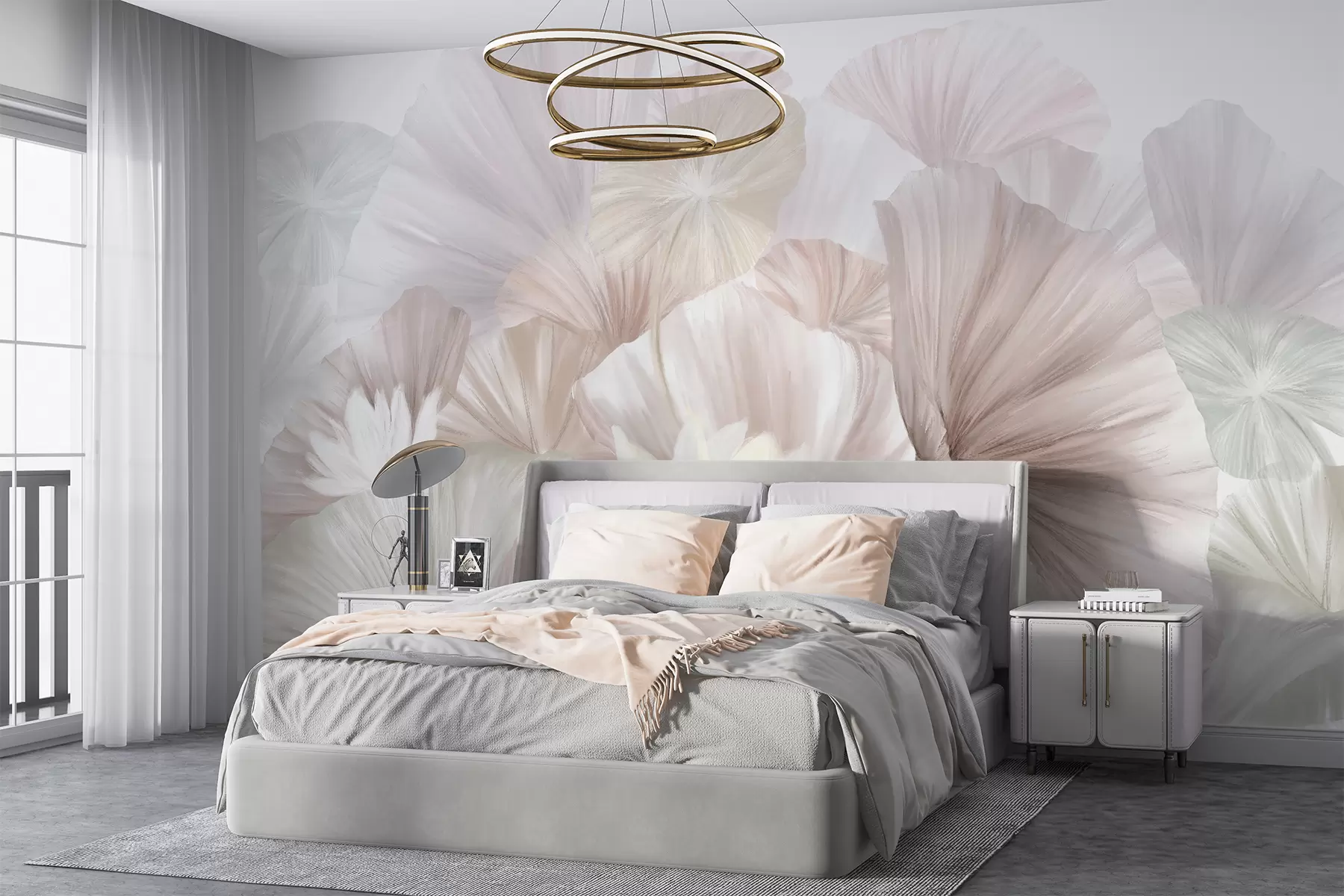 wall murals Delicate pink lotus leaves with white flowers with soft, feathery petals arranged in a natural art composition w08265v1