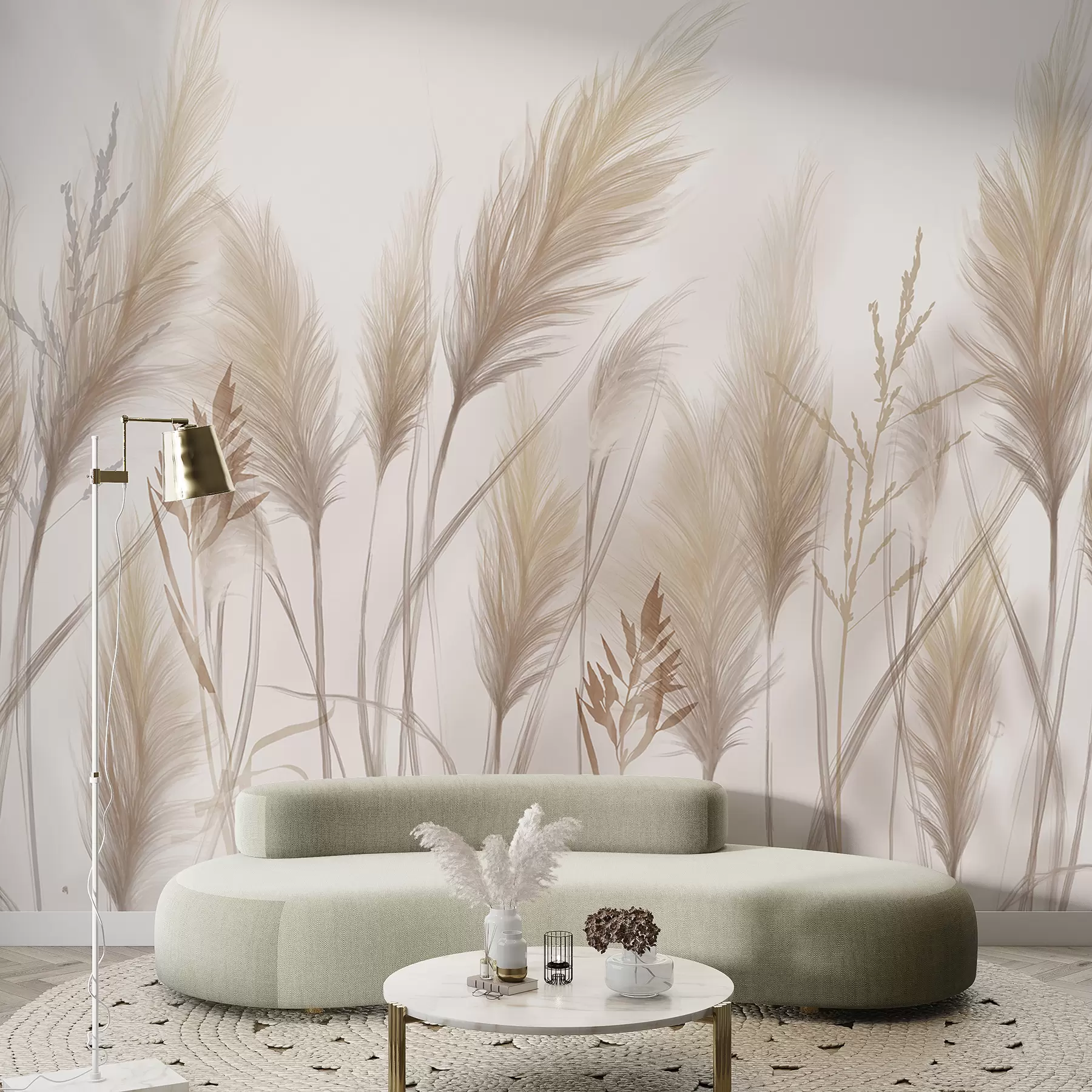 wall murals Tall beige grass blades spikelets swaying in the wind against a soft, light background w08268