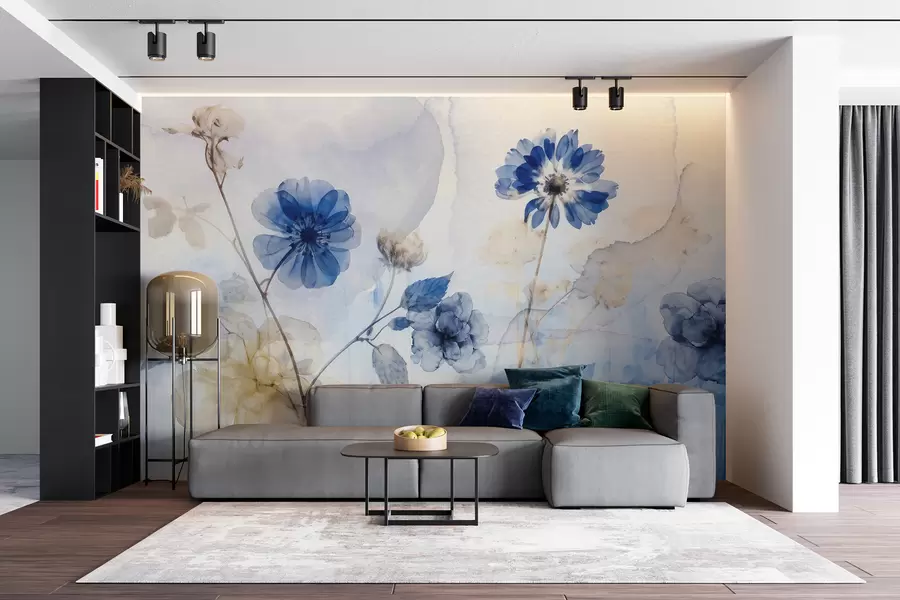wall murals Blue and white watercolor transparent flowers in a field, with soft, blurred abstract background w08270