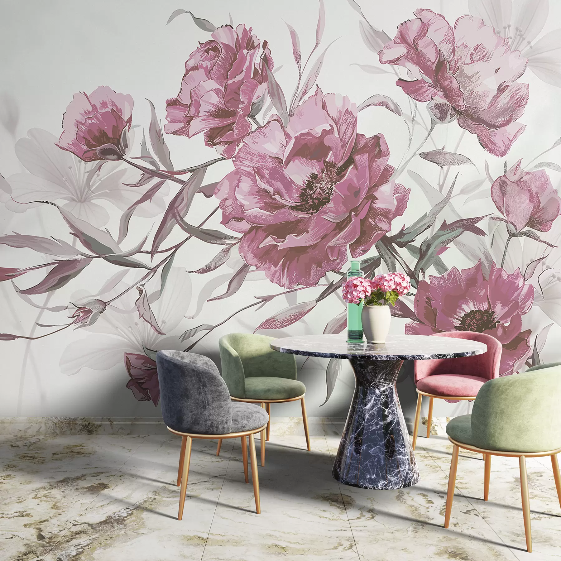 wall murals Pink peonies painting with lush foliage against a light abstract background w08274