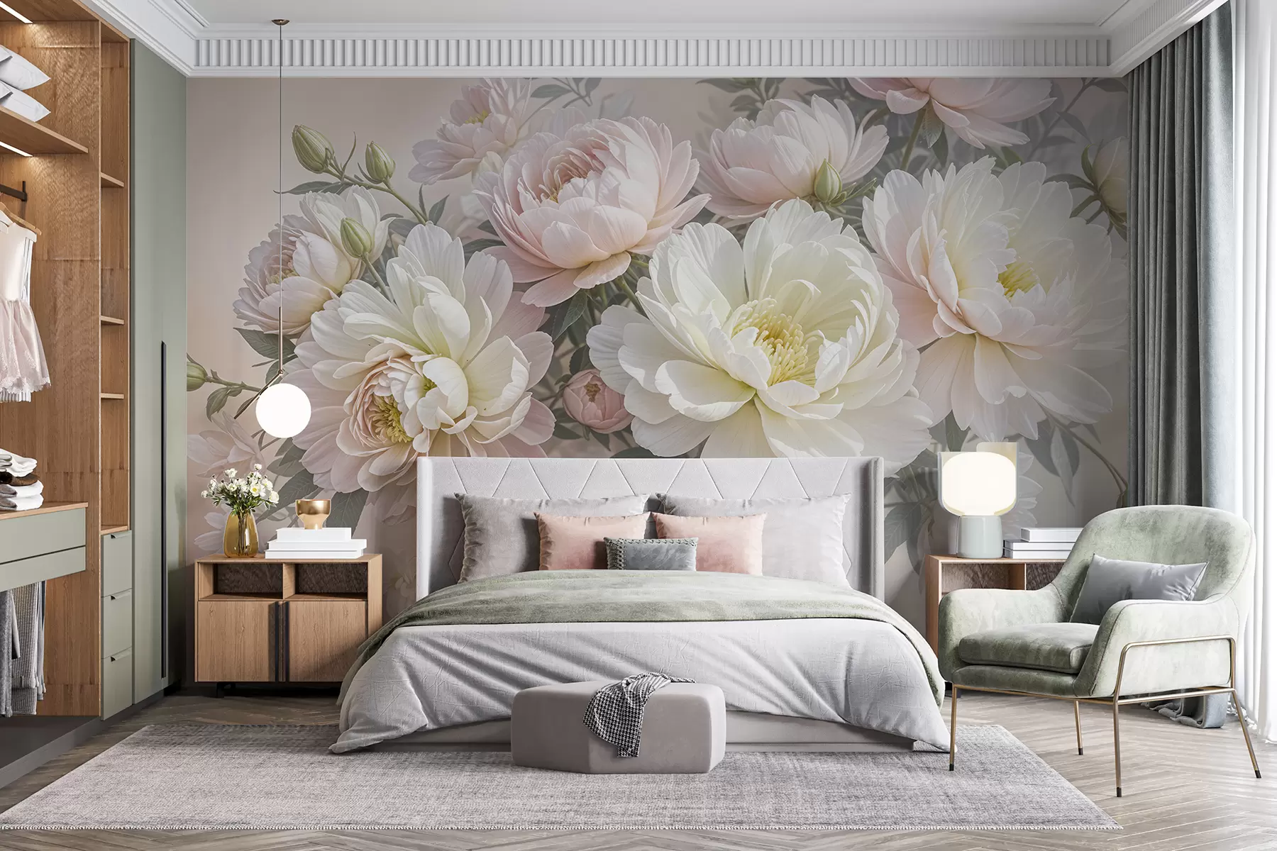 wall murals A bouquet of lush, pastel-colored peonies and other flowers against a soft, blurred background w08276