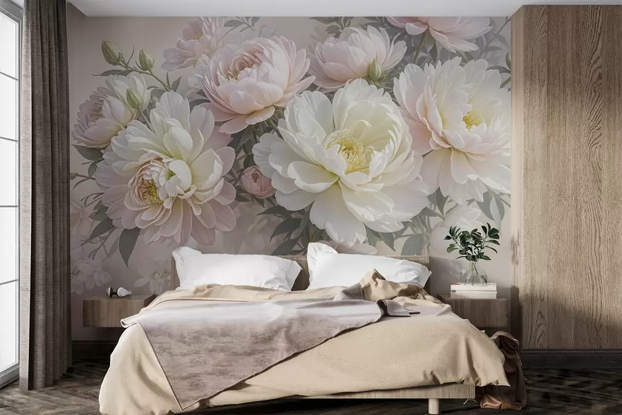 wall murals A bouquet of lush, pastel-colored peonies and other flowers against a soft, blurred background w08276