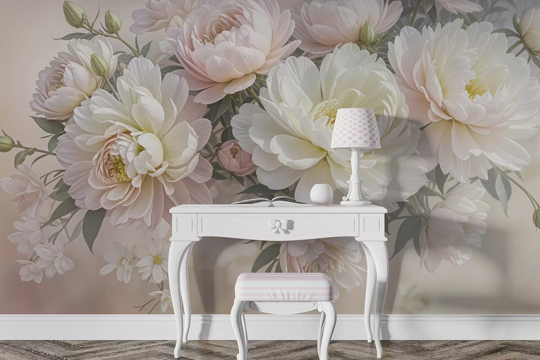 wall murals A bouquet of lush, pastel-colored peonies and other flowers against a soft, blurred background w08276