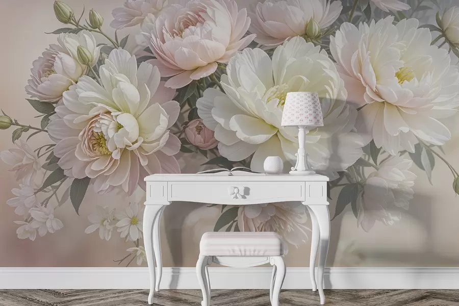 wall murals A bouquet of lush, pastel-colored peonies and other flowers against a soft, blurred background w08276