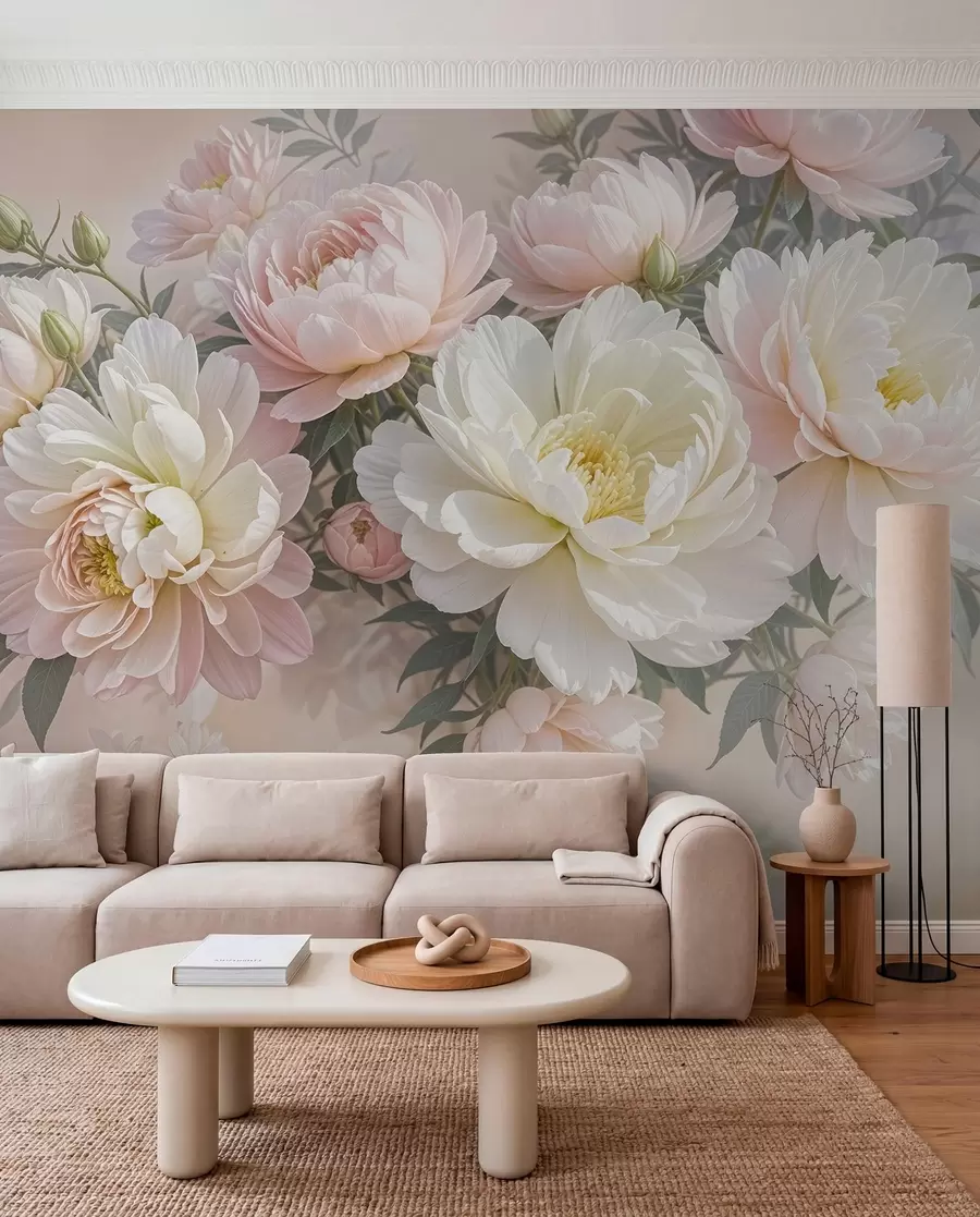 wall murals A bouquet of lush, pastel-colored peonies and other flowers against a soft, blurred background w08276
