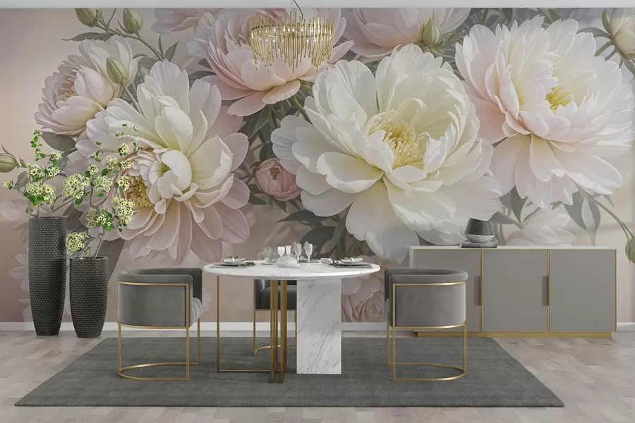 wall murals A bouquet of lush, pastel-colored peonies and other flowers against a soft, blurred background w08276