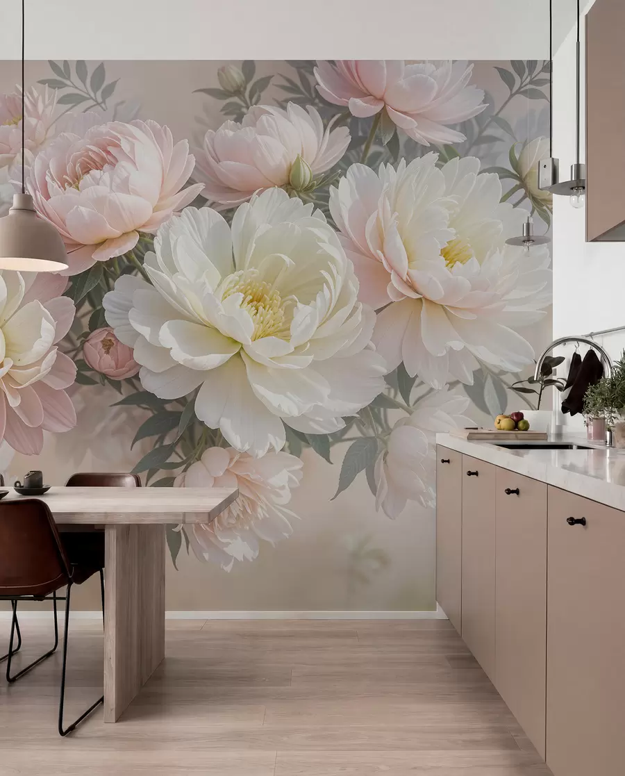 wall murals A bouquet of lush, pastel-colored peonies and other flowers against a soft, blurred background w08276