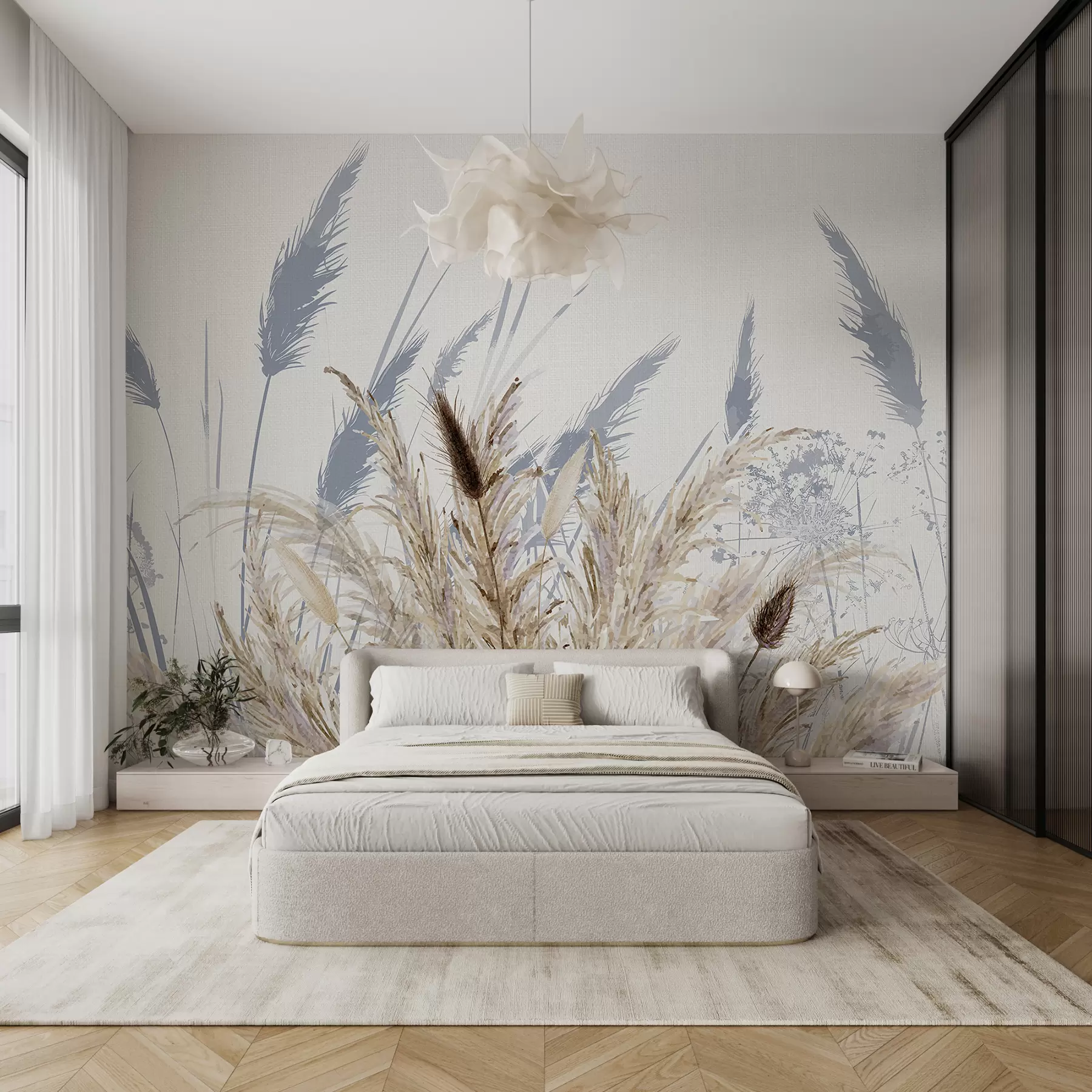 wall murals Tall stalks of wheat and grass with fluffy white plumes against a light background w08282