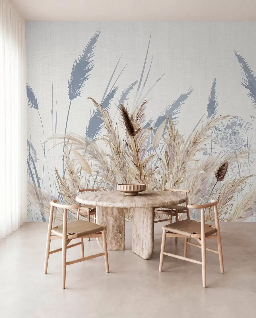 wall murals Tall stalks of wheat and grass with fluffy white plumes against a light background w08282