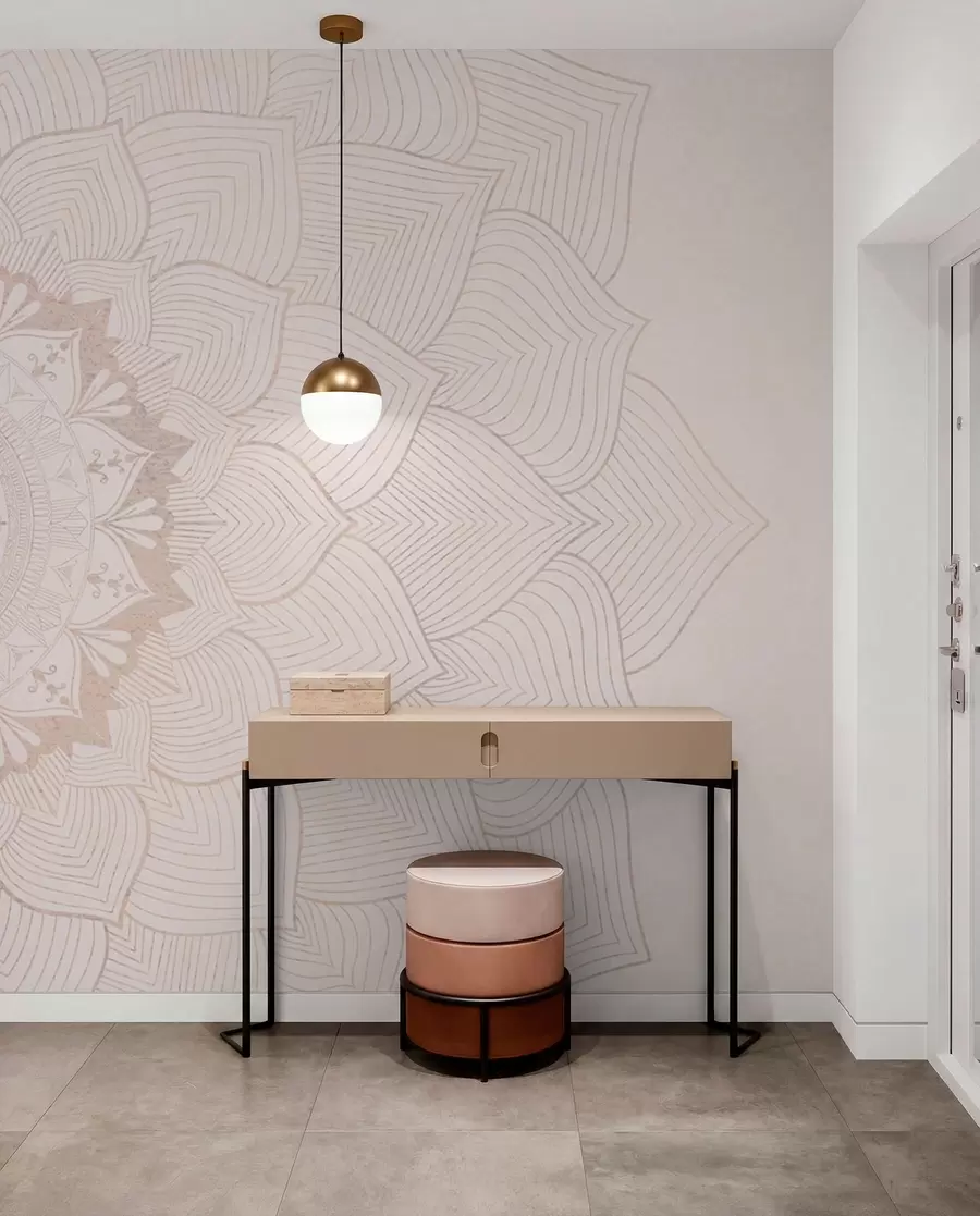 wall murals Round mandala, wallpaper for yoga space or to harmonize personal space. Wall mandala in warm pastel colors on a textured irregular background w01088