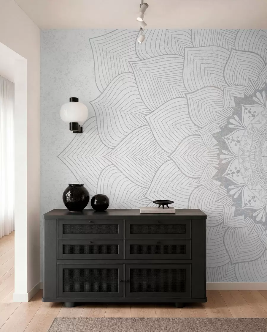 wall murals Round mandala, wallpaper for yoga space or to harmonize personal space. Wall mandala in gray shades on a textured heterogeneous background w01088v2