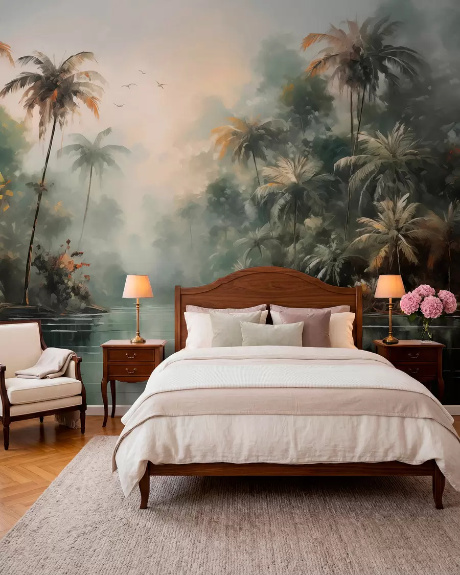 wall murals Jungle by the pond, palm trees, vegetation w01613