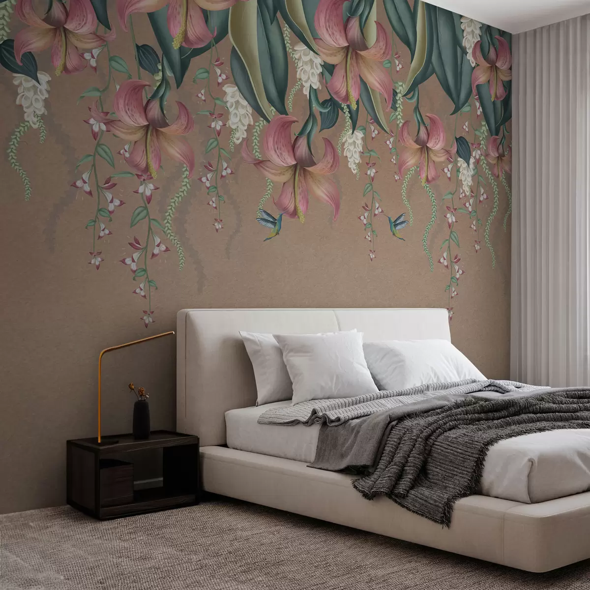wall murals Delicate botanical motif with hanging lilies, flowers and hummingbirds on a grunge wall w01523