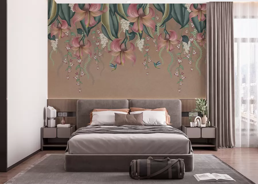 wall murals Delicate botanical motif with hanging lilies, flowers and hummingbirds on a grunge wall w01523