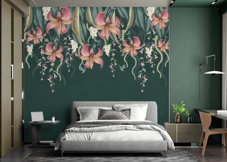 wall murals Delicate botanical motif with hanging lilies, flowers and hummingbirds on a green grunge wall w01523v3