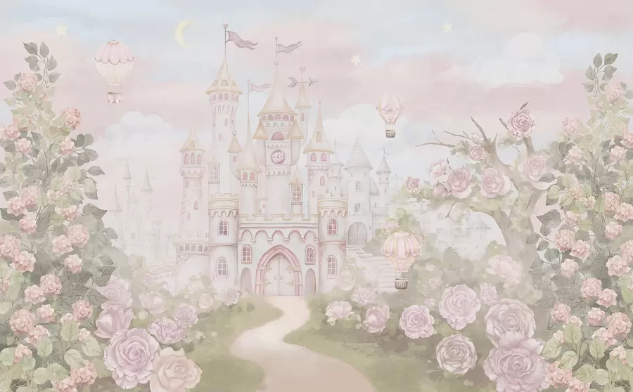 wall murals Magical castle with large flowers and trees w01524