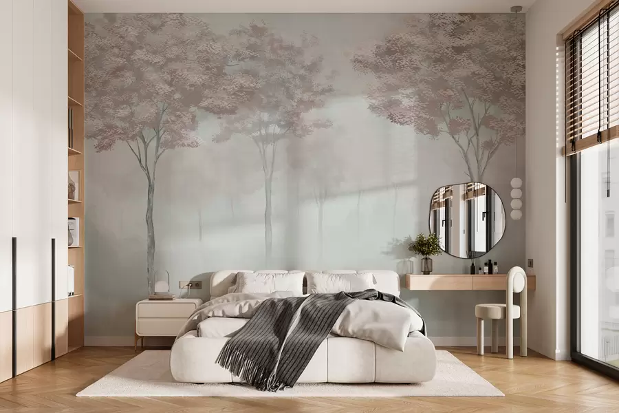 wall murals Misty forest silhouette in pink and gray colors w01599v4