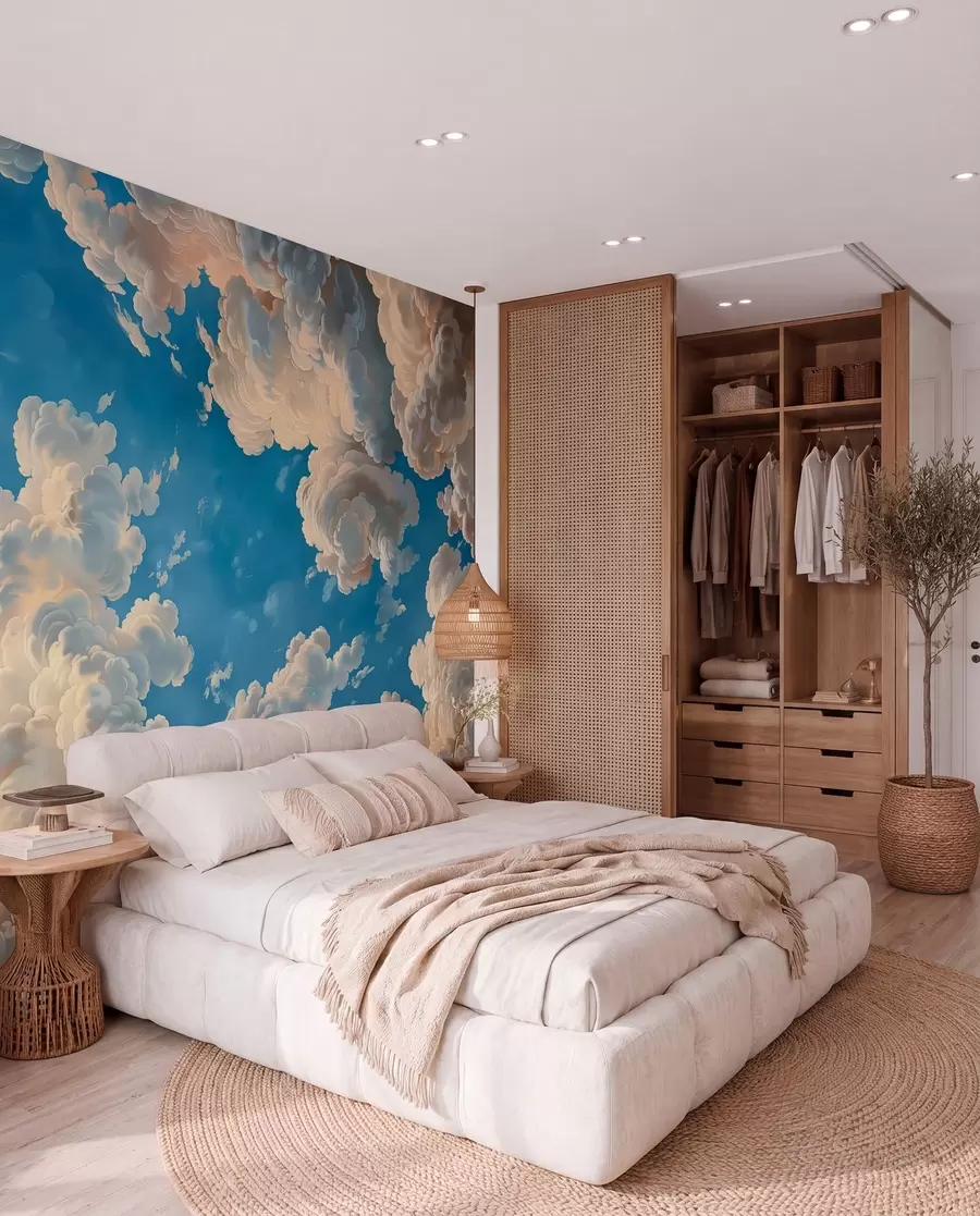 wall murals Billowing clouds in warm tones of cream, soft peach, set against a deep, vibrant blue sky w01583