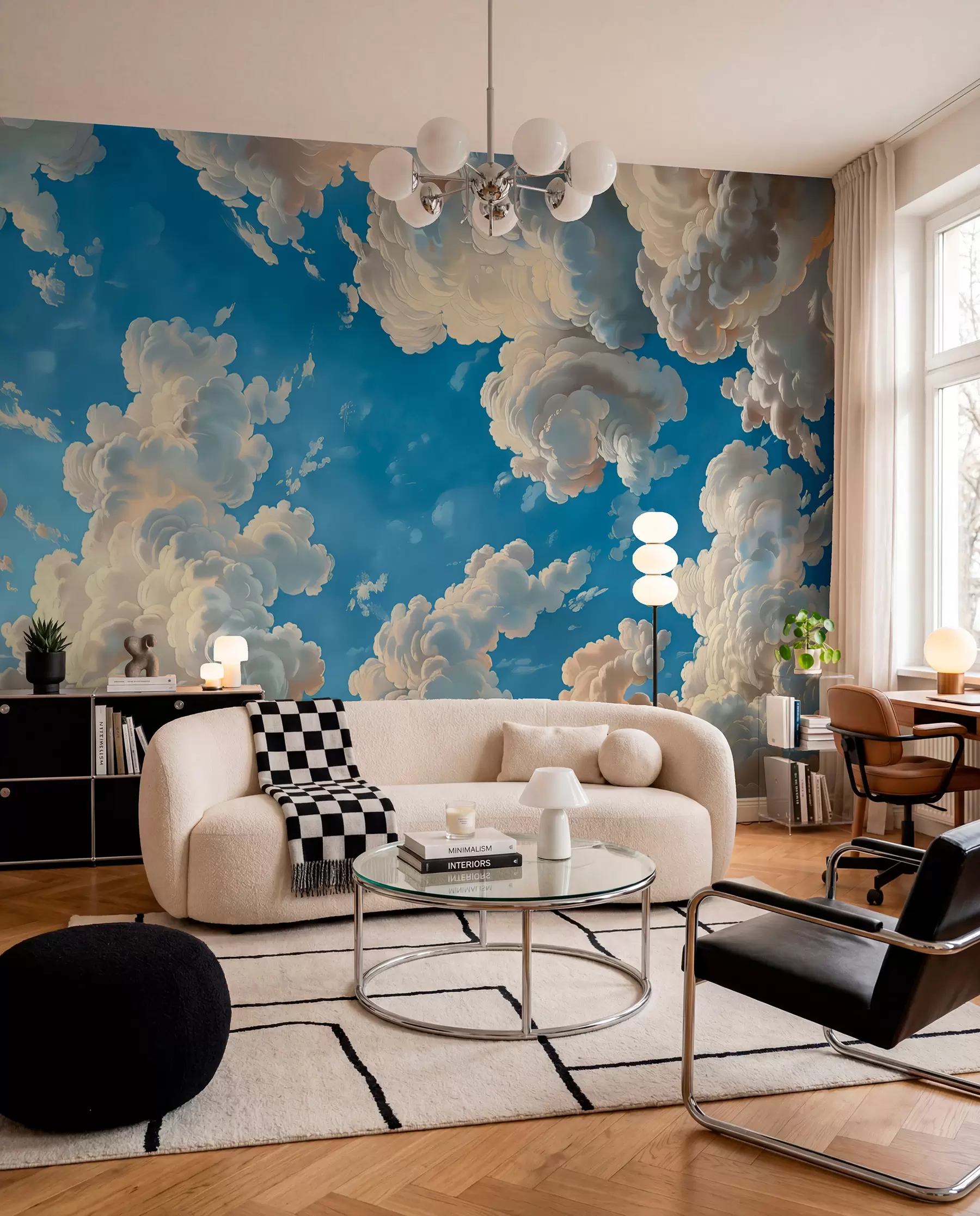 wall murals Billowing clouds in warm tones of cream, soft peach, set against a deep, vibrant blue sky w01583
