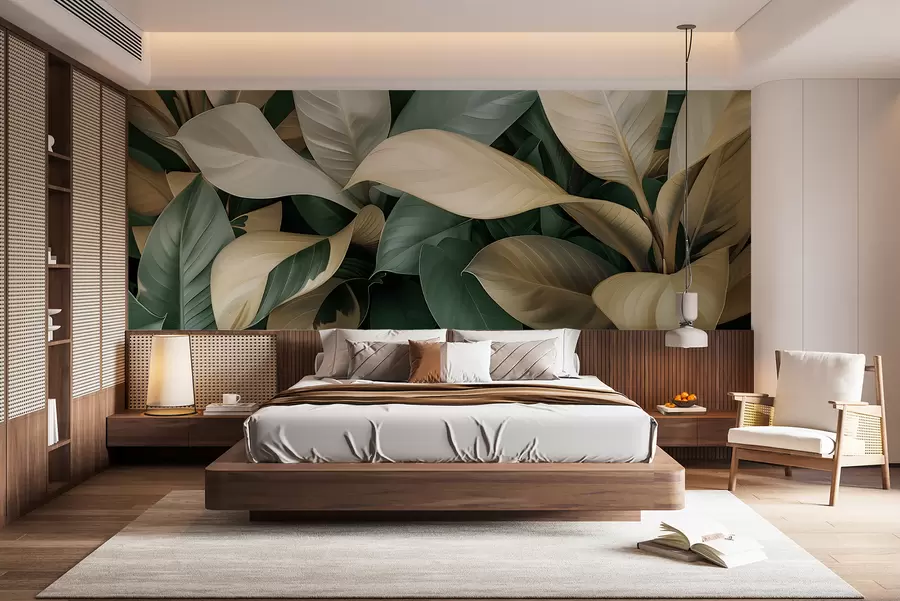 wall murals Large tropical leaves in green and beige colors w01587v1
