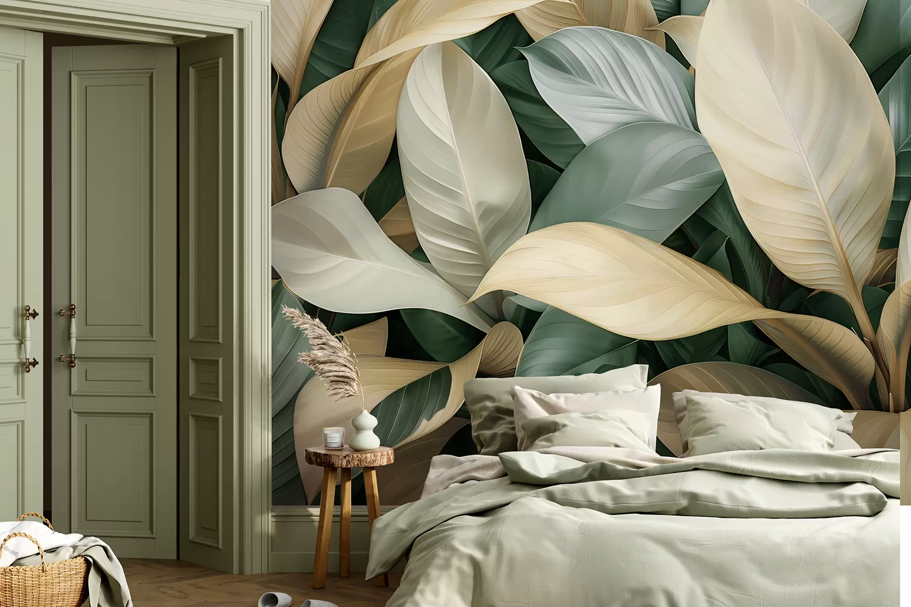 wall murals Large tropical leaves in green and beige colors w01587v1
